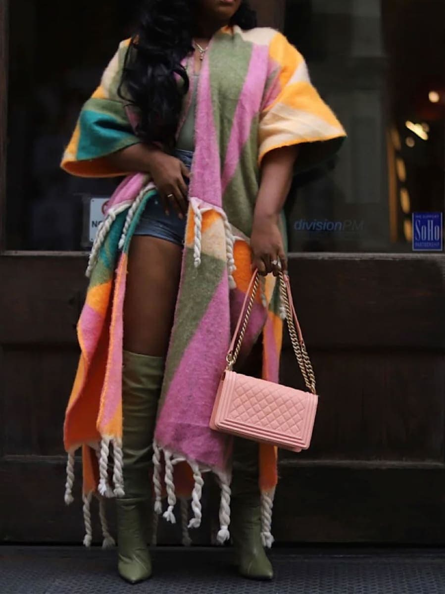 KANSOON Long Cardigans for Women Trendy Knit Sweater Color Block Fringes Open Front 3/4 Sleeve Maxi Tassels Coats, Pink Orange, X-Large thumbnail 2