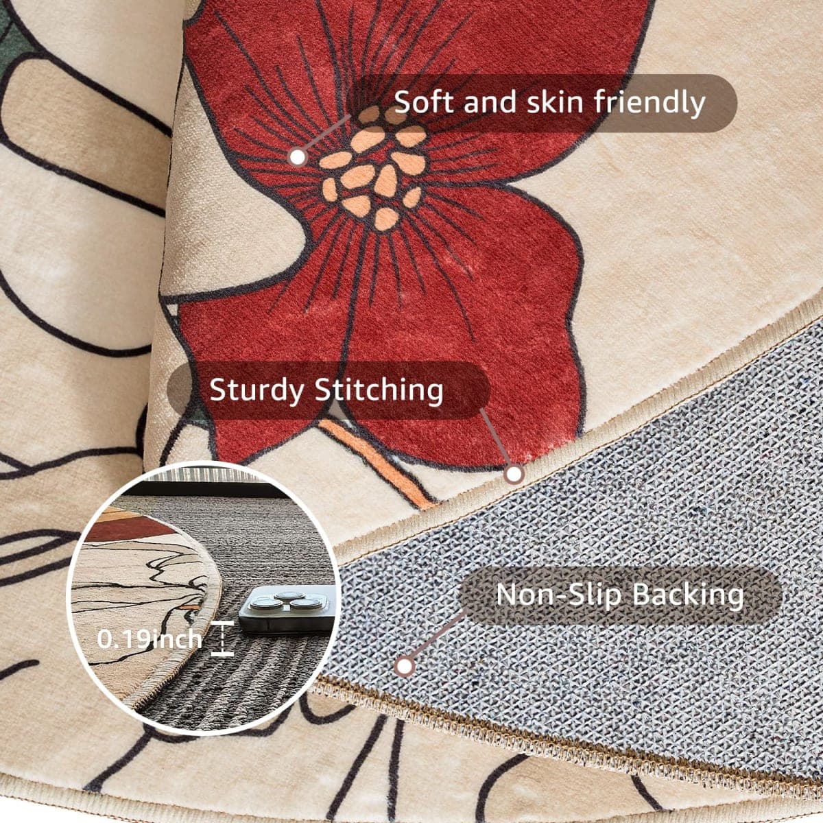 JINCHAN Round Rug 6ft Vintage Floral Washable Area Rugs for Bedroom thumbnail 5