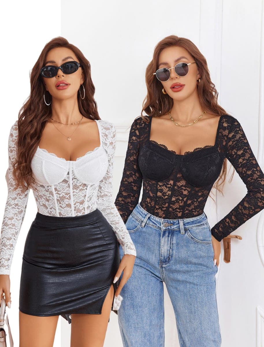 Avidlove Womens Bodysuits Long Sleeve Body Suits Womens Lace Going Out Tops One Piece Bodysuits for Women with Snap Crotch, Black, X-Large thumbnail 5