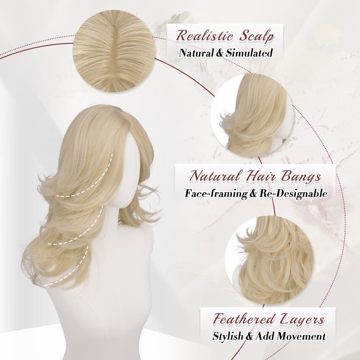 FESHFEN Light Blonde Wavy Layered Wig with Curtain Bangs for Women, 20 Inch Long Synthetic Natural Looking Middle Part Hair Wig For Costume Party Daily Use thumbnail 4