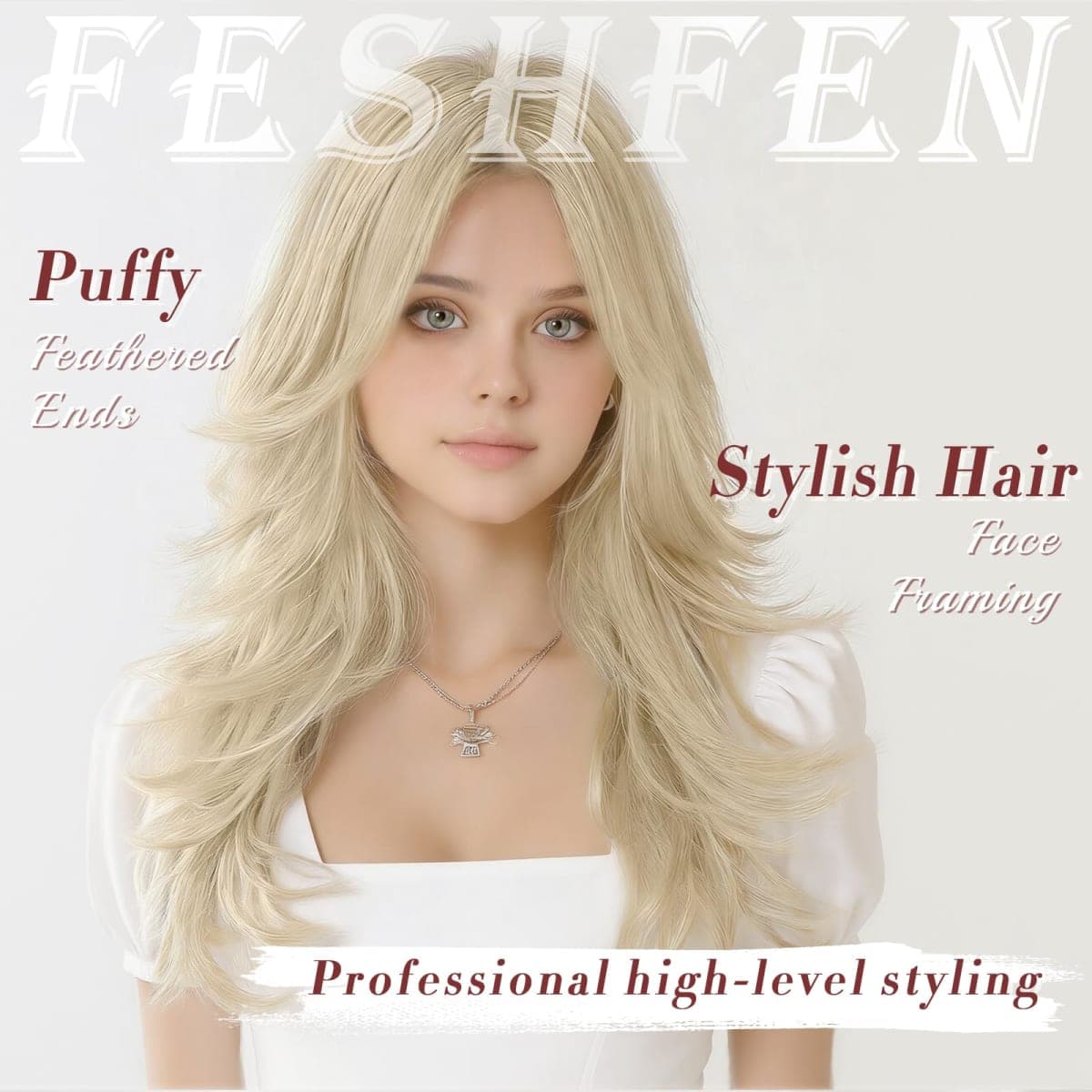 FESHFEN Light Blonde Wavy Layered Wig with Curtain Bangs for Women, 20 Inch Long Synthetic Natural Looking Middle Part Hair Wig For Costume Party Daily Use thumbnail 5