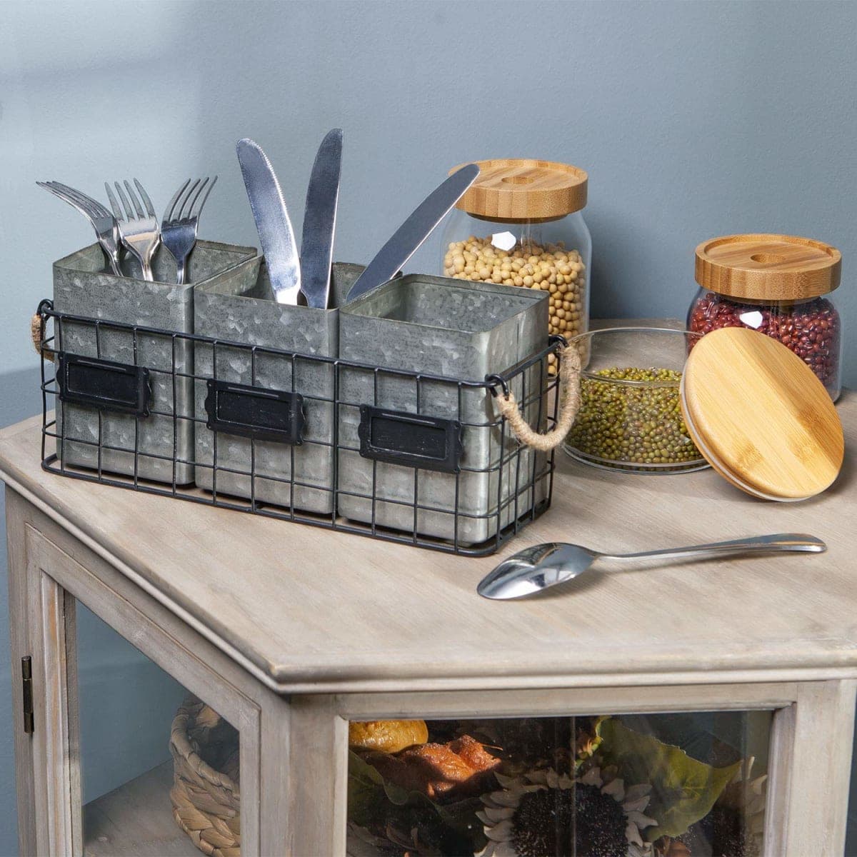 NIKKY HOME Farmhouse 3 Compartment Galvanized Flatware Cutlery Caddy Countertop Silverware Holder for Spoons, Knives, Forks - Silver thumbnail 2