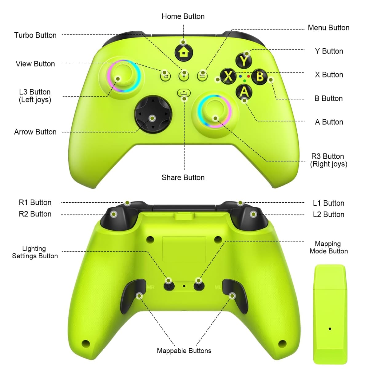 W&O Wireless Controller for With Xbox One, Xbox Series X/S, Xbox One X/S, PC, With RGB LED Light, Mappable Buttons, With 2.4GHZ Wireless Adapter Gamepad (Electric Volt) thumbnail 2