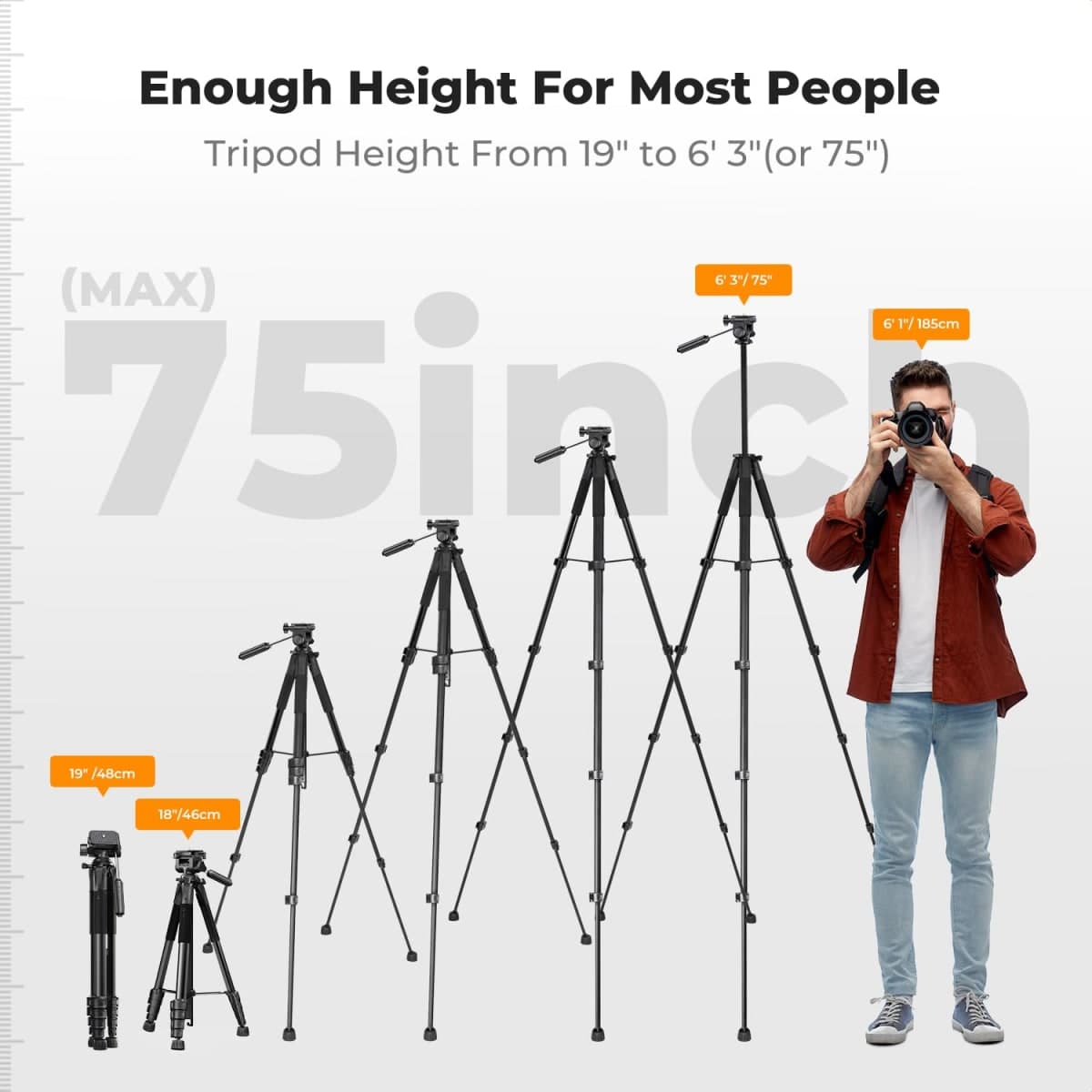 K&F CONCEPT 75" Camera Compact Tripod with Remote, Phone Holder & Pan Head thumbnail 3