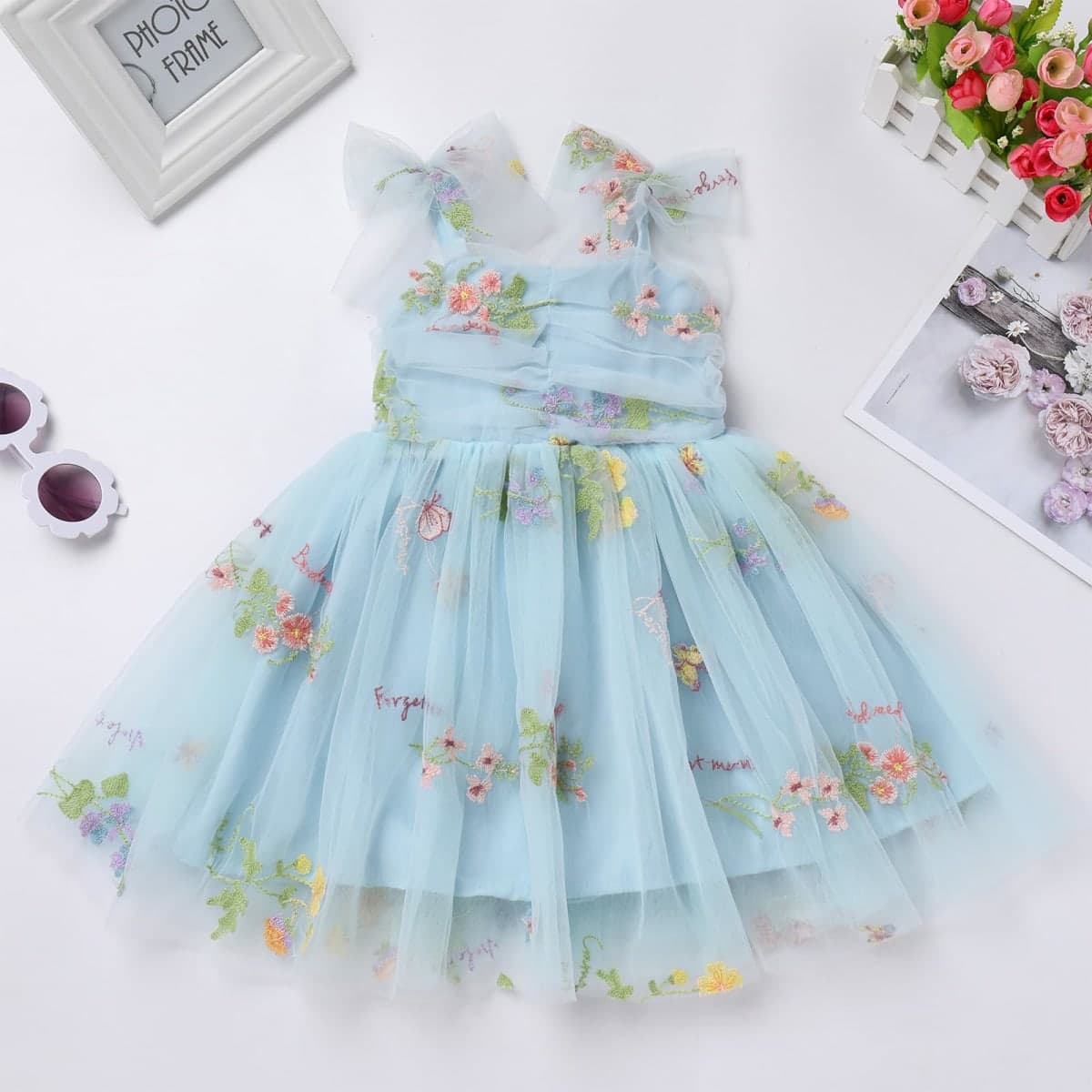 Baby Girls Tutu Dress Summer Sleeveless Backless Princess Birthday Party Dresses Sequin Ruffle Tulle Bowknot Sundress, Blue - Floral, 3-4T thumbnail 2