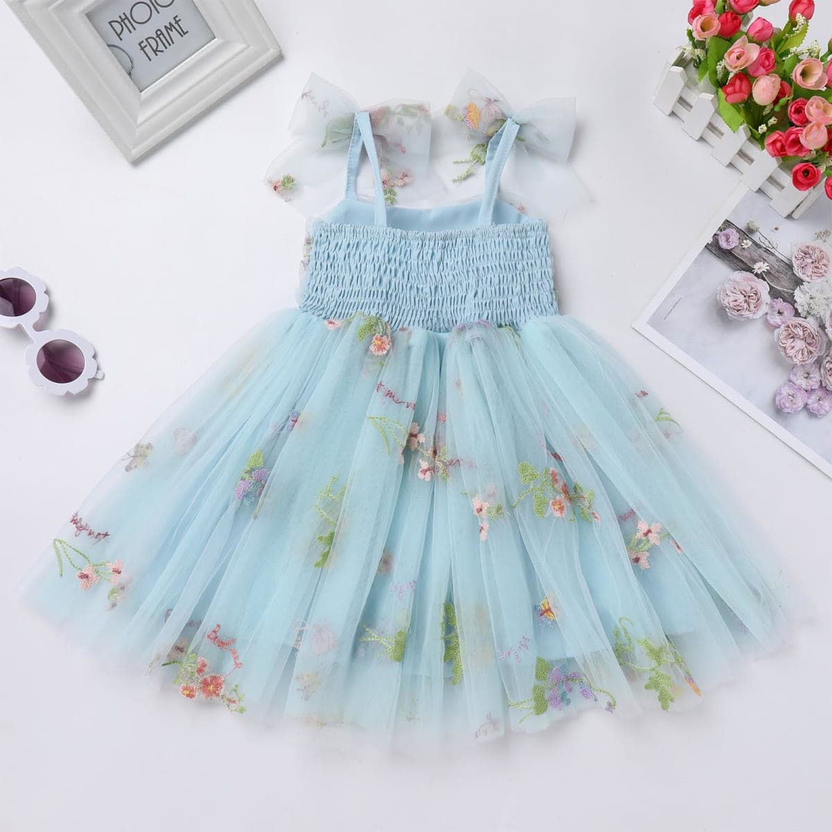 Baby Girls Tutu Dress Summer Sleeveless Backless Princess Birthday Party Dresses Sequin Ruffle Tulle Bowknot Sundress, Blue - Floral, 3-4T thumbnail 5