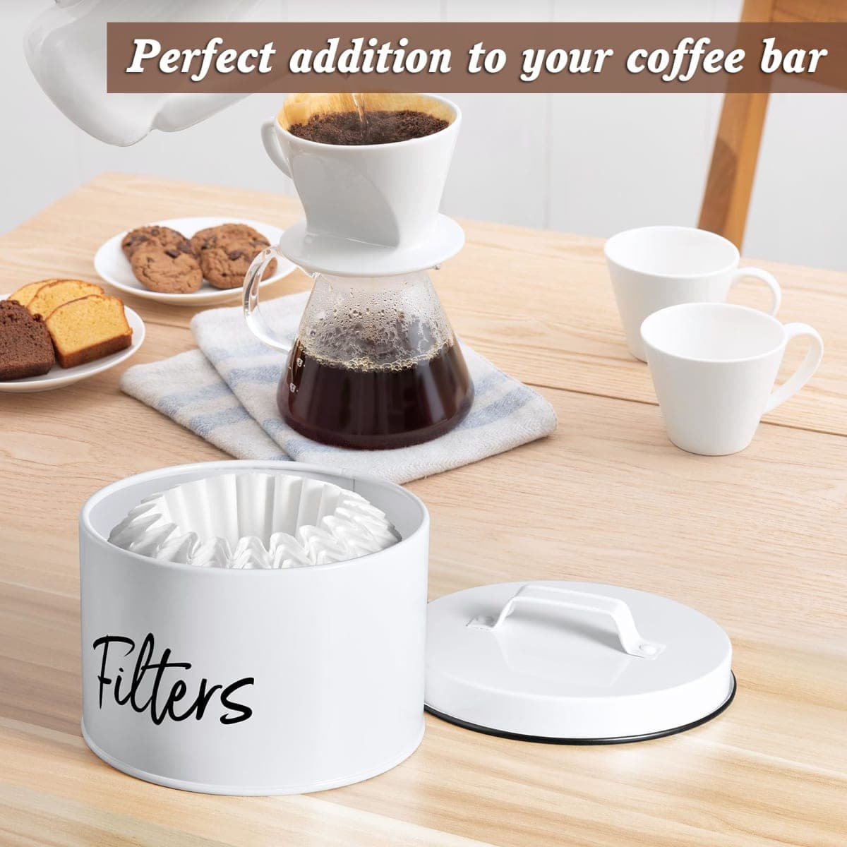DRASTAR Coffee Filter Holder, Filter Storage with Lid for Counter, Storage Basket Container for Coffee Bar Accessories Decor, White thumbnail 2