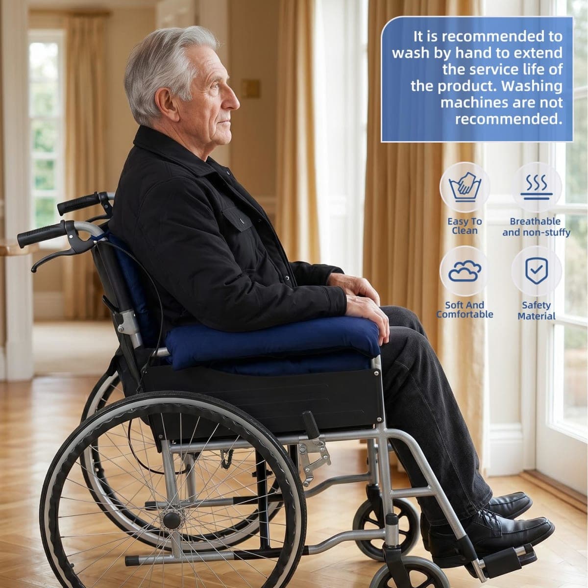 Wheelchair Cushions, Pressure Pain Relief Accessories with Armrest Covers, Supports Coccyx & Back, Non-Slip, Fits 18" Wheelchair with Full Arms (Navy) thumbnail 2