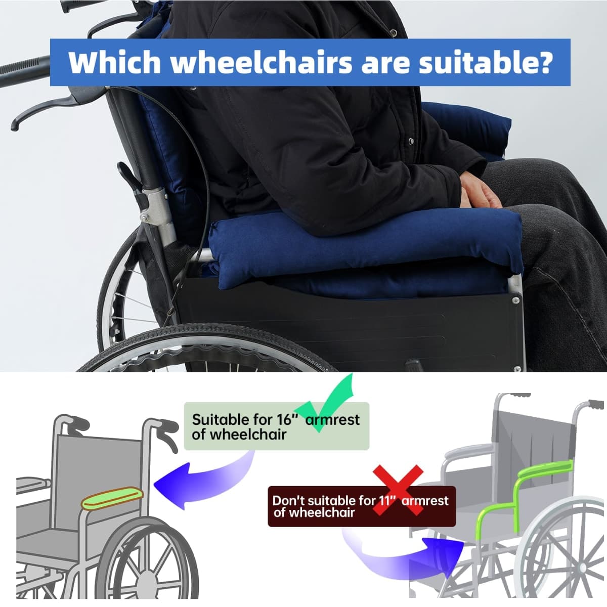 Wheelchair Cushions, Pressure Pain Relief Accessories with Armrest Covers, Supports Coccyx & Back, Non-Slip, Fits 18" Wheelchair with Full Arms (Navy) thumbnail 3