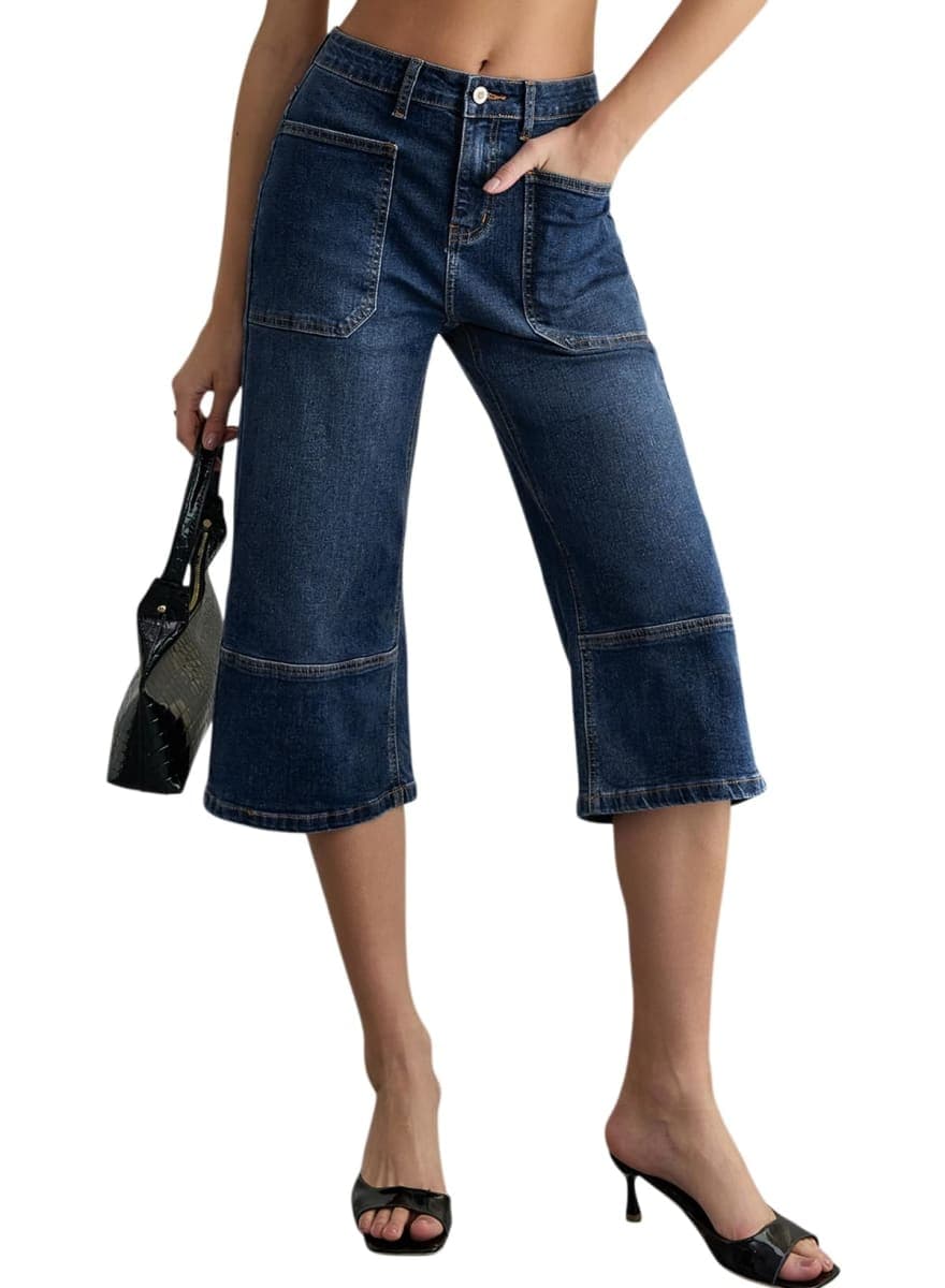 Sidefeel Women's Wide Leg Jeans High Waisted Stretchy Big Pockets Capri Denim Pants, Ashleigh Blue, 12 — image 1