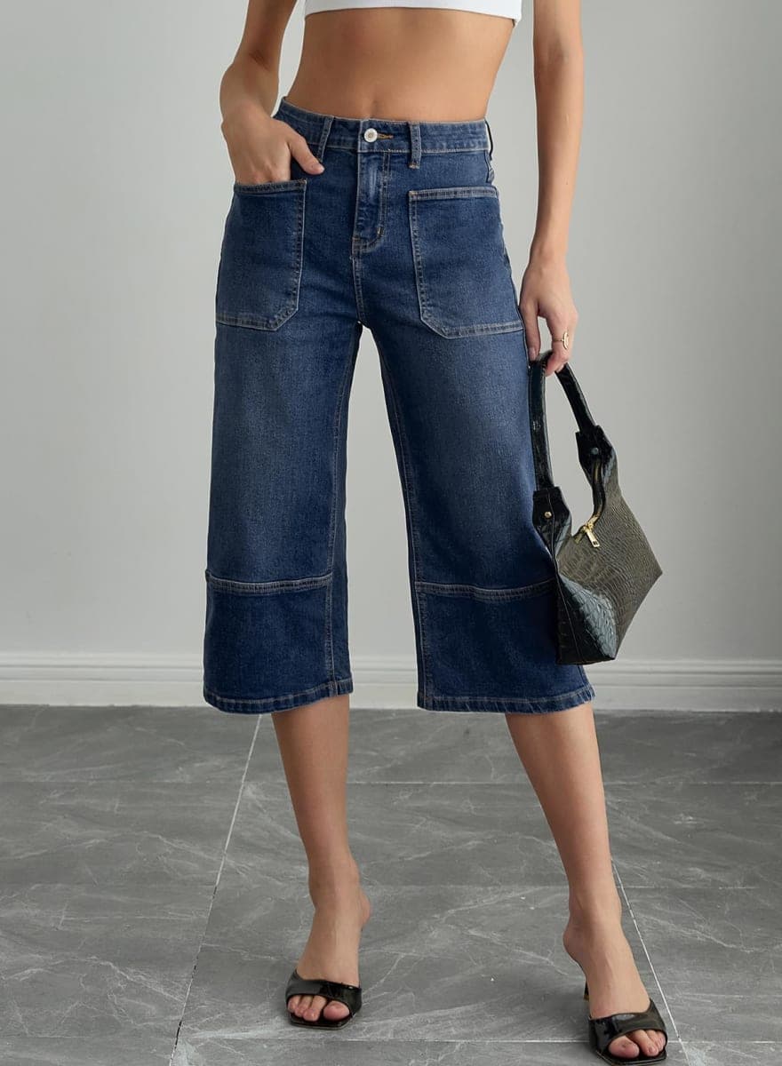 Sidefeel Women's Wide Leg Jeans High Waisted Stretchy Big Pockets Capri Denim Pants, Ashleigh Blue, 12 thumbnail 2