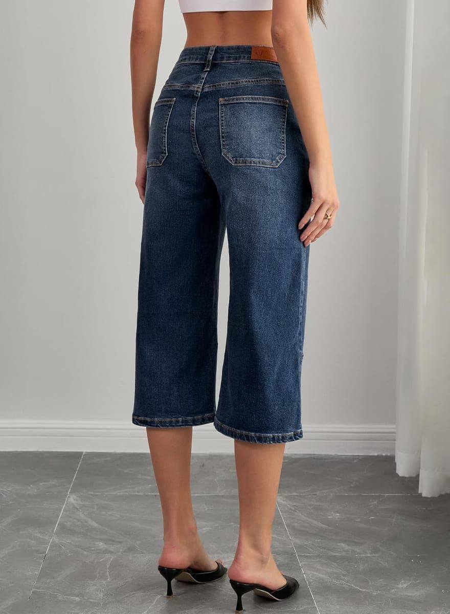 Sidefeel Women's Wide Leg Jeans High Waisted Stretchy Big Pockets Capri Denim Pants, Ashleigh Blue, 12 thumbnail 3