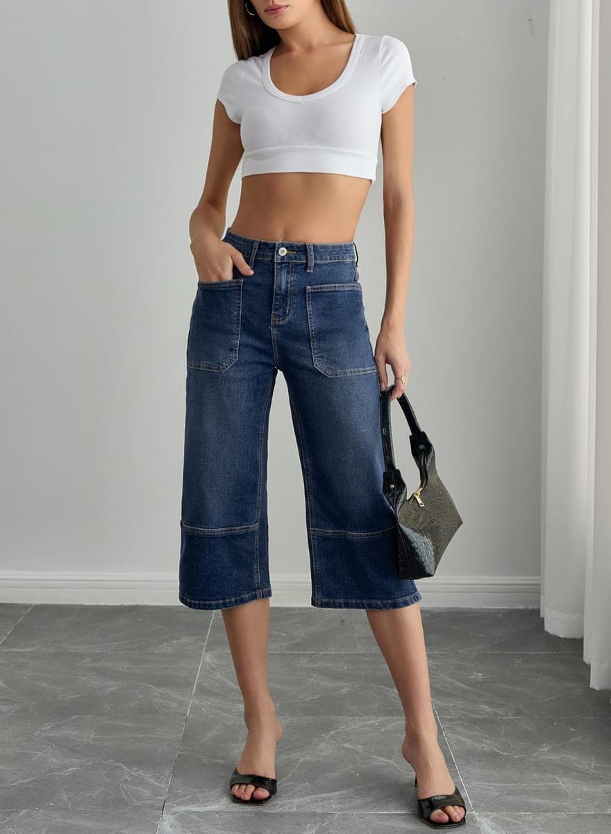 Sidefeel Women's Wide Leg Jeans High Waisted Stretchy Big Pockets Capri Denim Pants, Ashleigh Blue, 12 thumbnail 5
