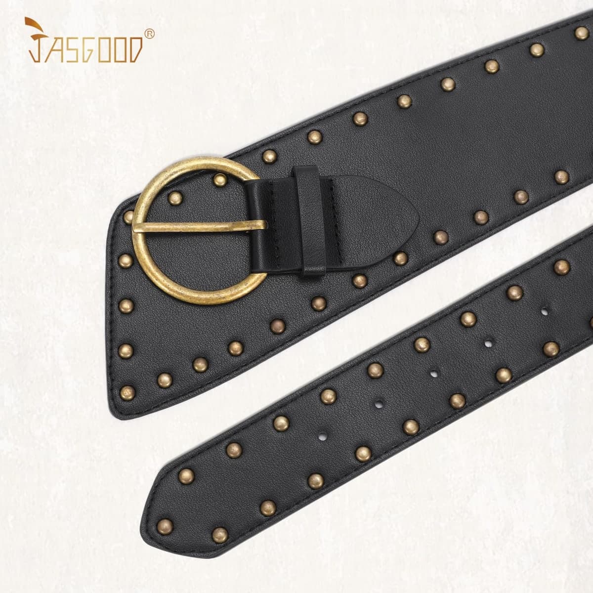 JASGOOD Women's Wide Waist Belt for Dresses Fashionable Rivet-Studded Thick Leather Belt with Gold Pin Buckle, A-black, Fit waist size 23''-27'' thumbnail 2
