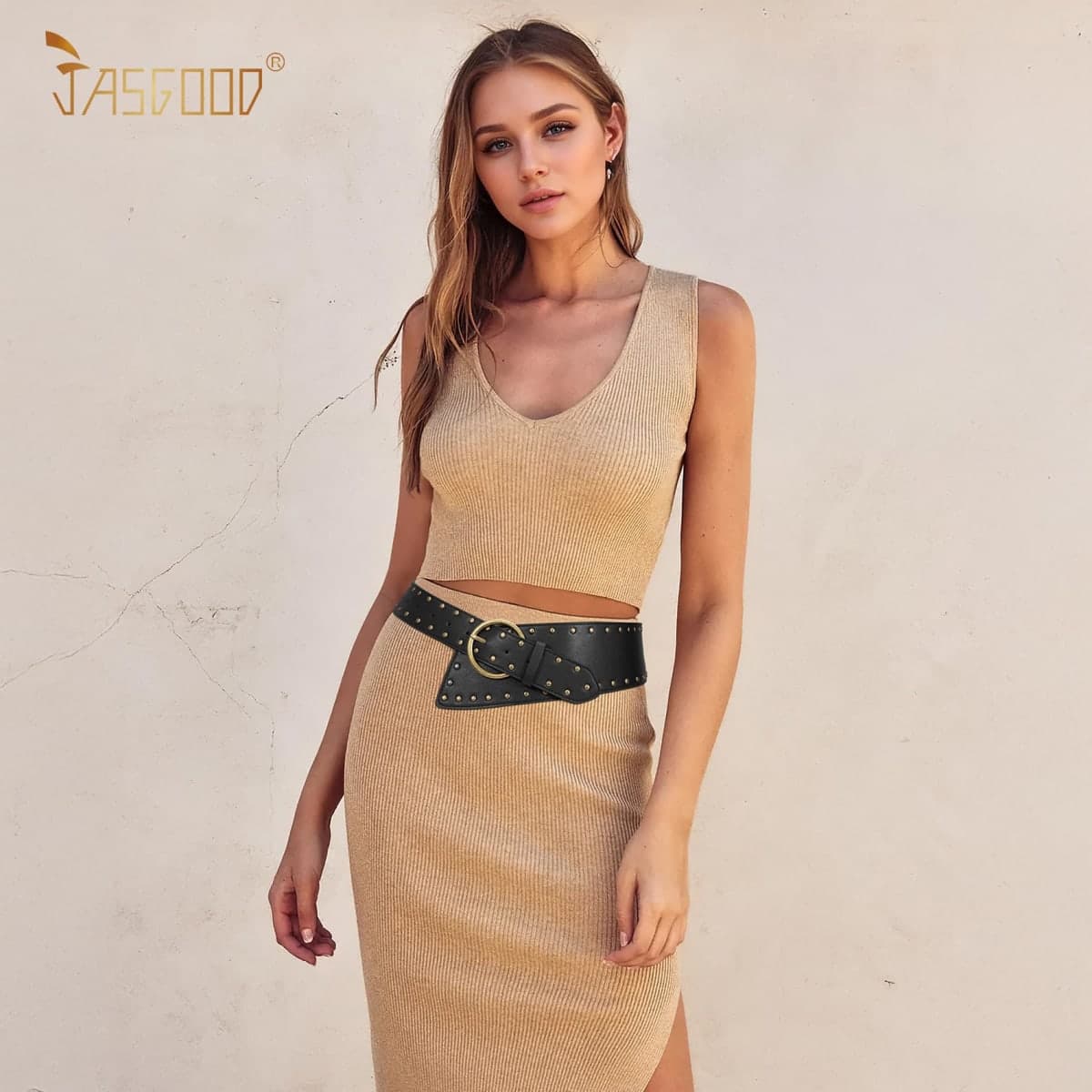 JASGOOD Women's Wide Waist Belt for Dresses Fashionable Rivet-Studded Thick Leather Belt with Gold Pin Buckle, A-black, Fit waist size 23''-27'' thumbnail 4