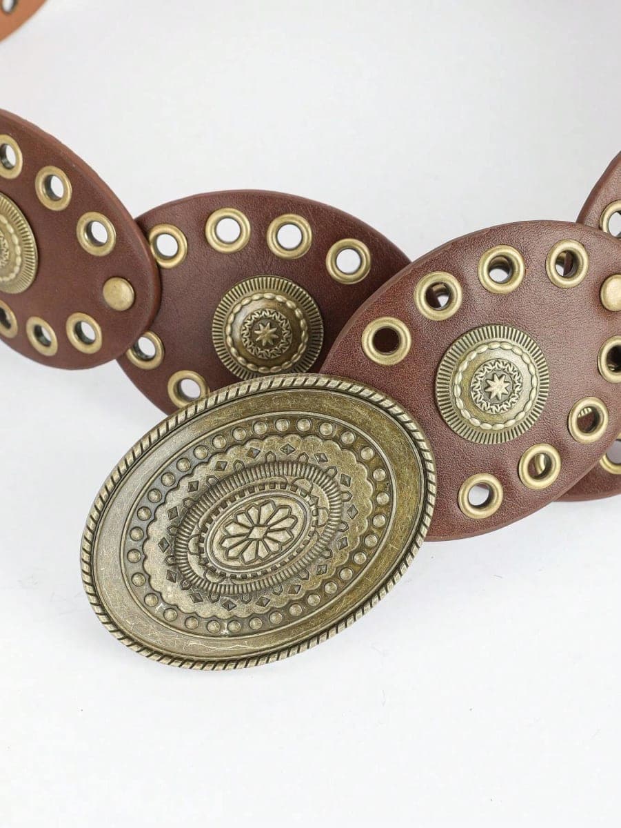 Western Disco Cowgirl Belt Wide Belts for Women - Chunky Vintage Concho Country Waist Belts For Jeans Dresses, A-brown, for 28"-38" waist thumbnail 5