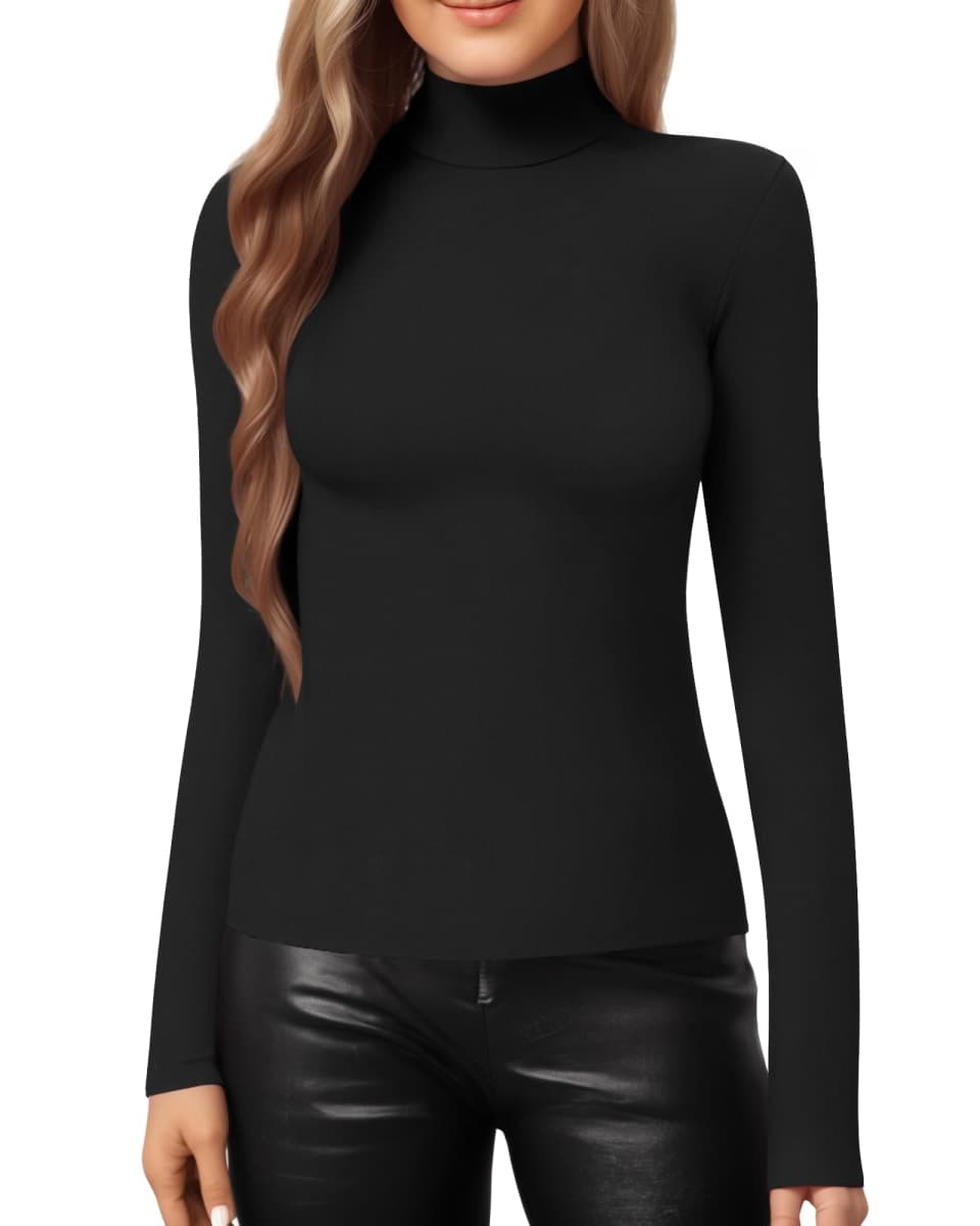 MANGOPOP Women's Mock Turtle Neck Slim Fit Long Half Elbow 3/4 Short Sleeve T Shirts Tight Tops Basic Tee, 01 Black, Small thumbnail 4