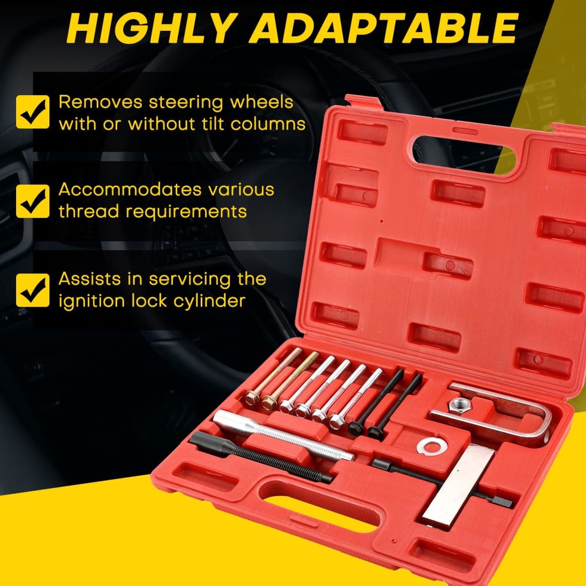 Acymner Car Steering Wheel Puller Compressor Remover Set | Automotive Steering Wheel Lock Plate Compressor Removal Tool Kit, for Most Cars SUVs and Light Trucks thumbnail 5