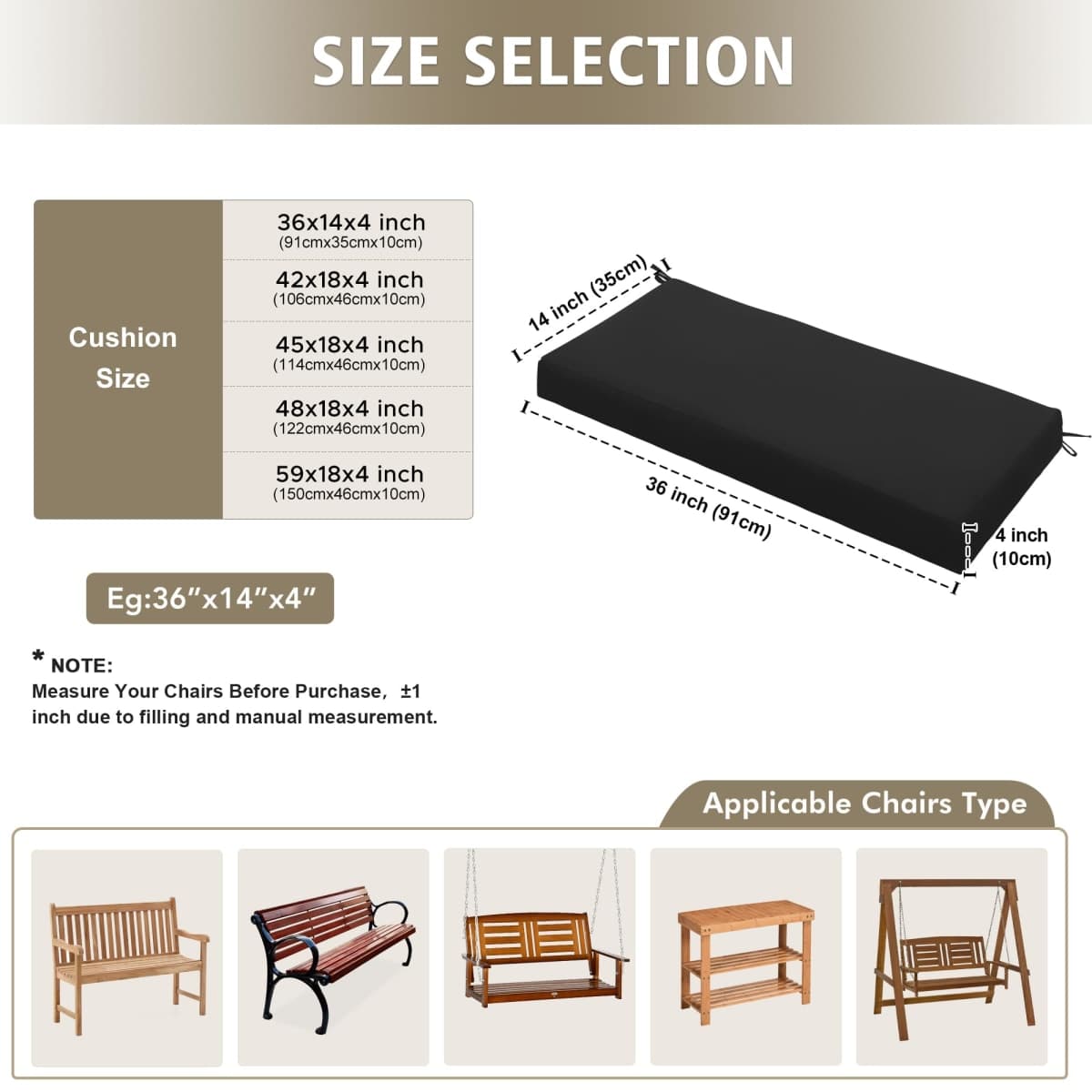 Ottowood Outdoor Bench Cushion Waterproof 45"x18" – Fade-Resistant Patio Furniture Cushion with Ties for Porch Swing, Loveseat, or Indoor Bench Replacement, Black thumbnail 3
