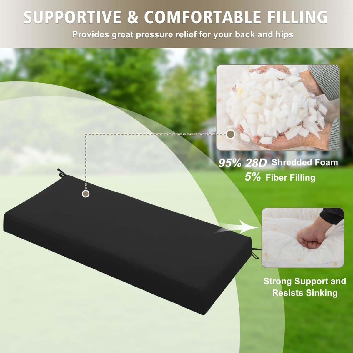 Ottowood Outdoor Bench Cushion Waterproof 45"x18" – Fade-Resistant Patio Furniture Cushion with Ties for Porch Swing, Loveseat, or Indoor Bench Replacement, Black thumbnail 5