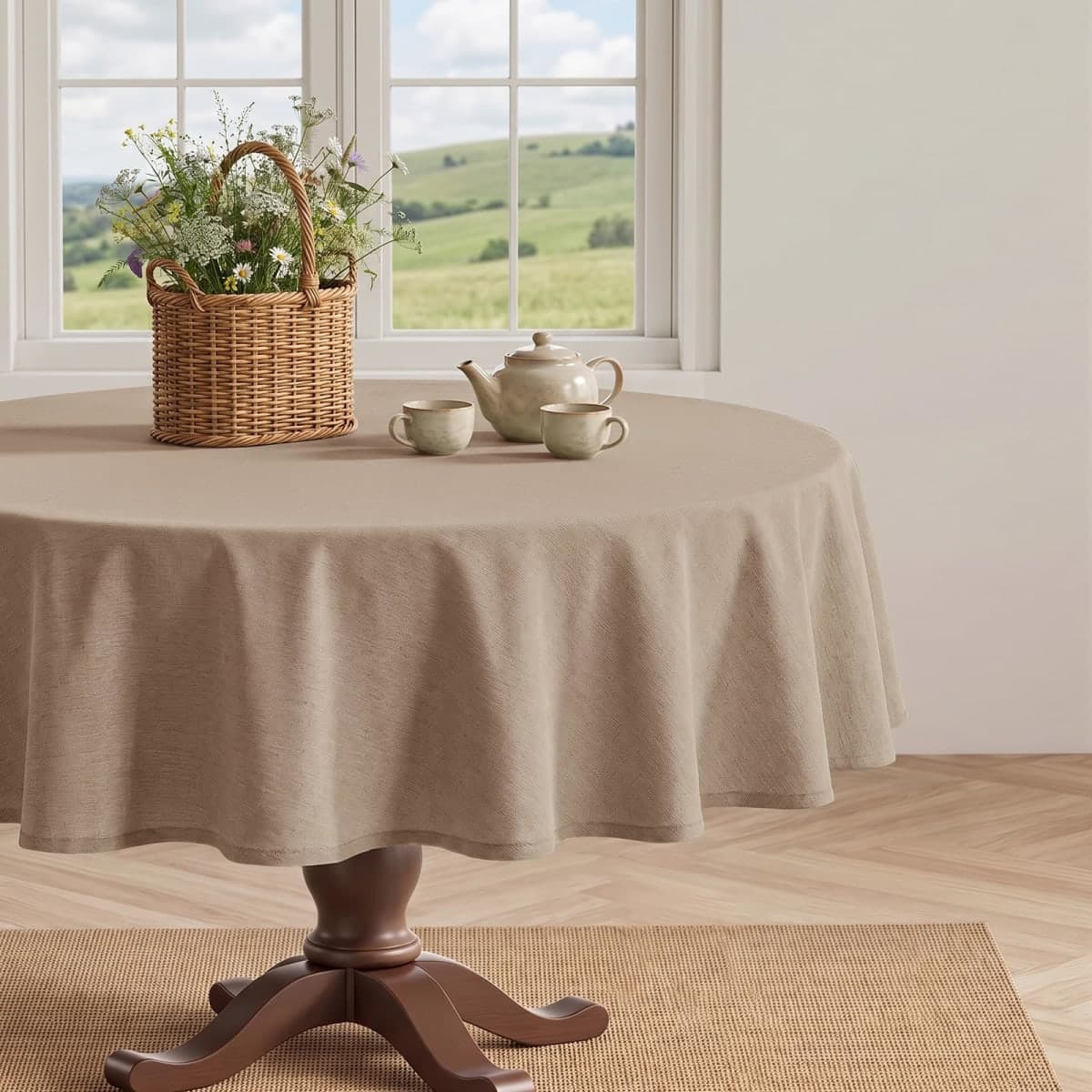 IVAPUPU Textured Linen 54 Inch Round Table Cloth for Circle Table, Khaki — image 1