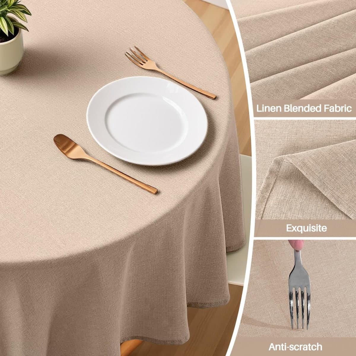 IVAPUPU Textured Linen 54 Inch Round Table Cloth for Circle Table, Khaki thumbnail 5