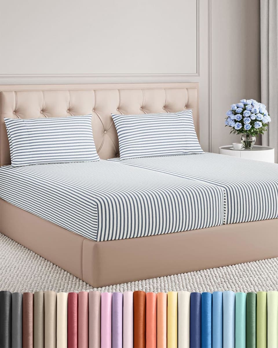 Split King Size 5 Piece Sheet Set - Breathable & Cooling - Blue Stripes — image 1