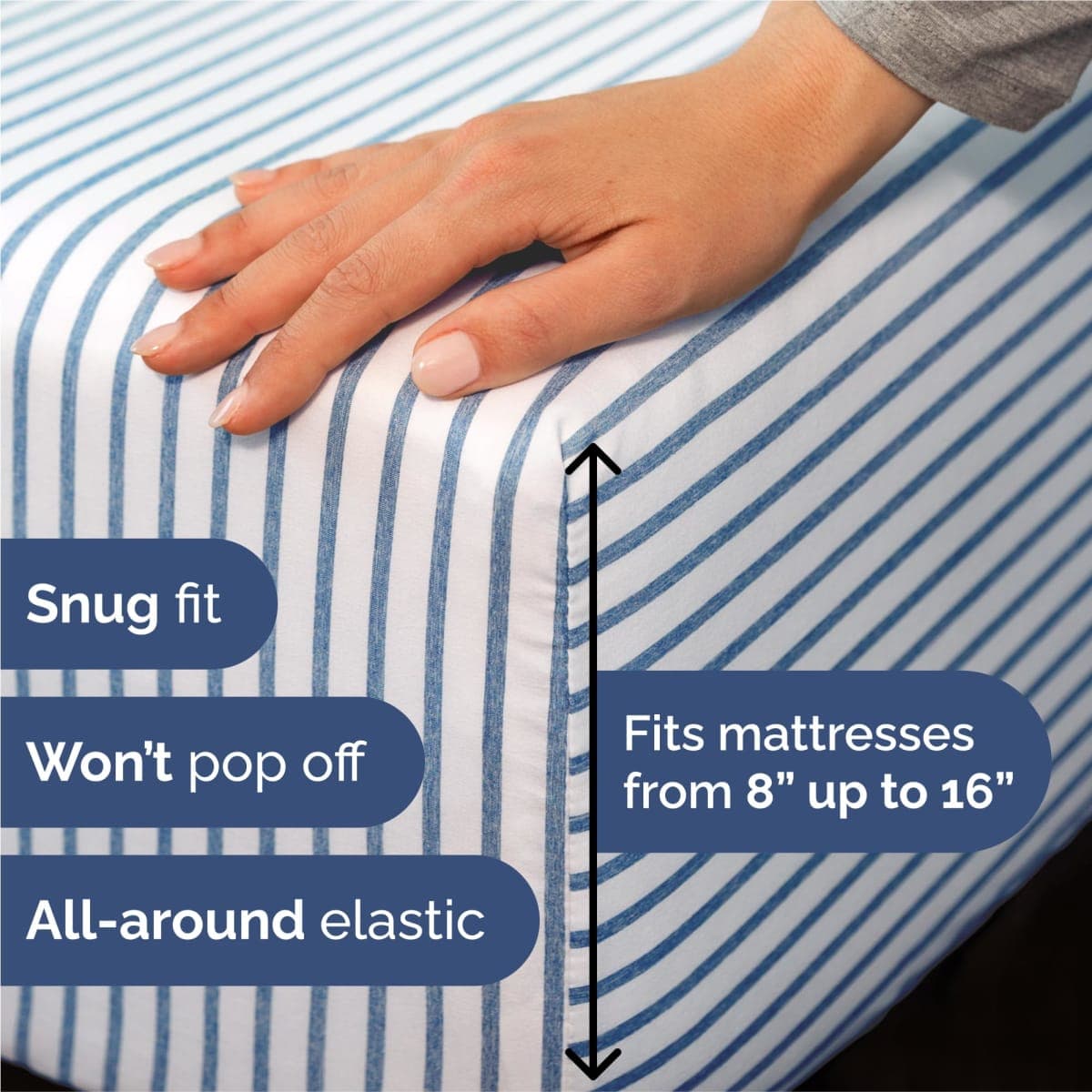 Split King Size 5 Piece Sheet Set - Breathable & Cooling - Blue Stripes thumbnail 3
