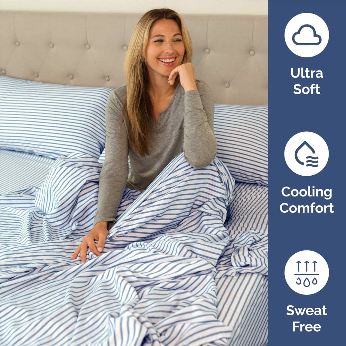 Split King Size 5 Piece Sheet Set - Breathable & Cooling - Blue Stripes thumbnail 4
