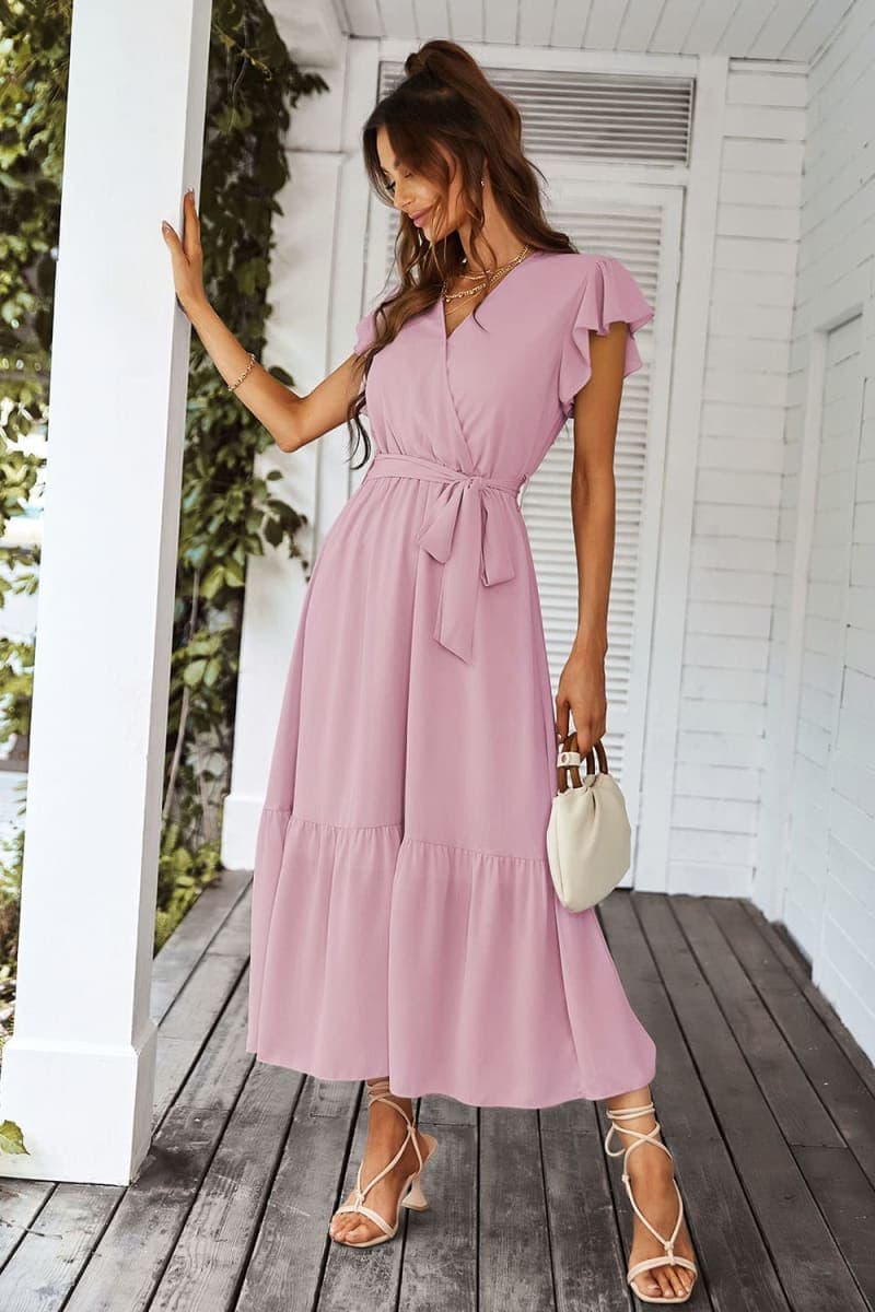 PRETTYGARDEN Women's Summer Floral Boho Maxi Dress Solid Pink,M thumbnail 4