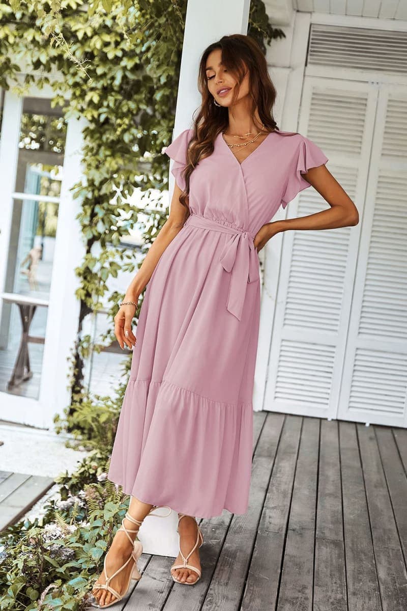 PRETTYGARDEN Women's Summer Floral Boho Maxi Dress Solid Pink,M thumbnail 5