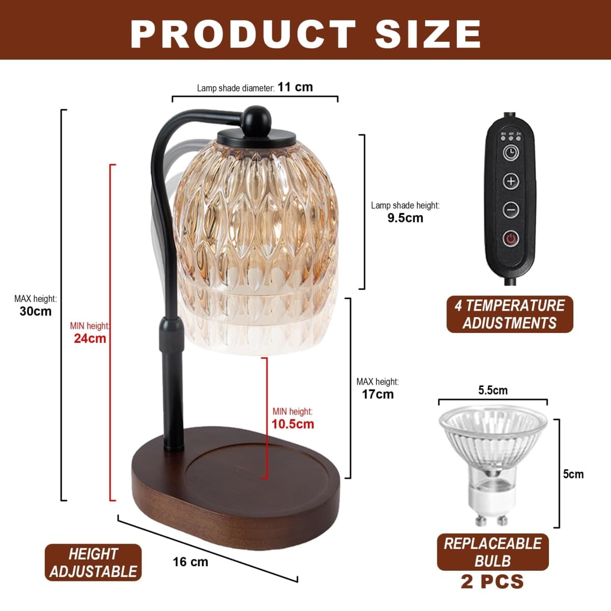 SunnySam Candle Warmer Lamp with Timer & Dimmer, Adjustable Height for Jar Candles, 4 Temperature Levels, 8H Timer, Home Decor Gifts for Women, Valentines Gifts Black (2 Bulbs Included) thumbnail 2
