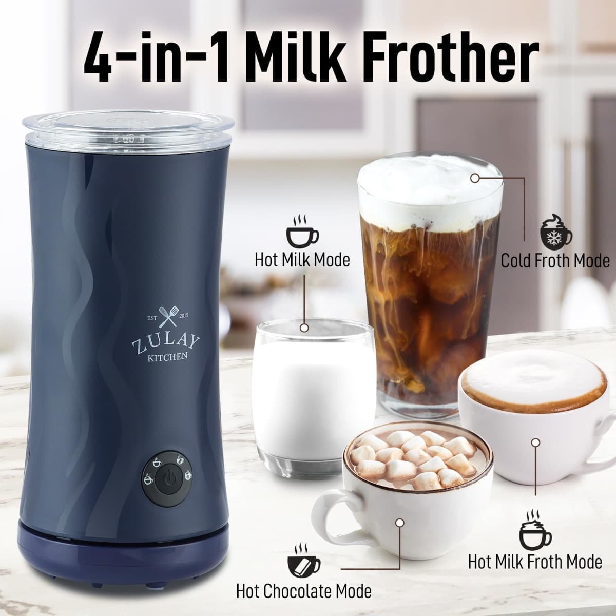 Zulay 4-in-1 Milk Frother and Steamer - Automatic Hot and Cold Foam Maker with Auto Shut Off & Temperature Control for Coffee, Latte, Cappuccino, Hot Chocolate - Navy thumbnail 2