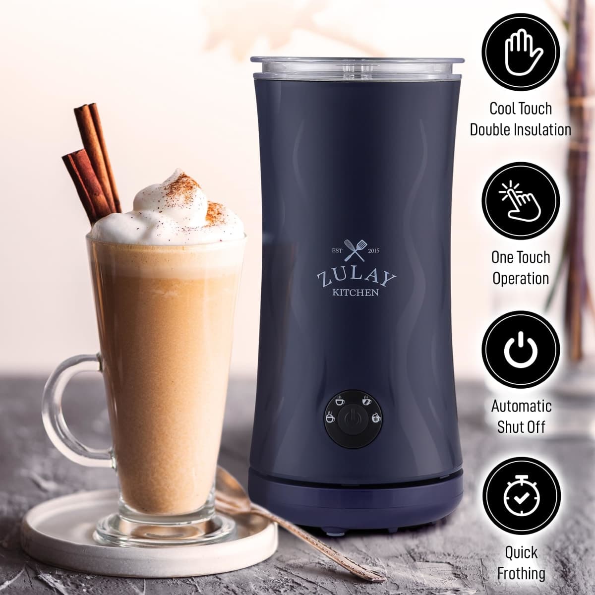 Zulay 4-in-1 Milk Frother and Steamer - Automatic Hot and Cold Foam Maker with Auto Shut Off & Temperature Control for Coffee, Latte, Cappuccino, Hot Chocolate - Navy thumbnail 3