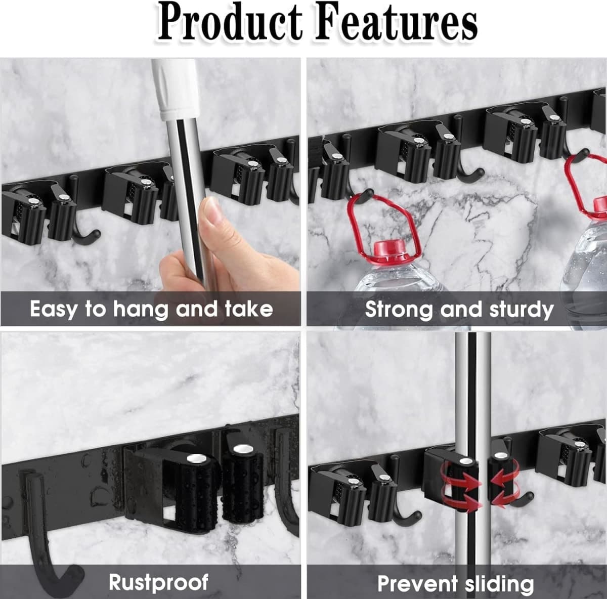 Black Broom Holder Wall Mount, 5 Racks 4 Hooks Mop and Broom Organizer thumbnail 2
