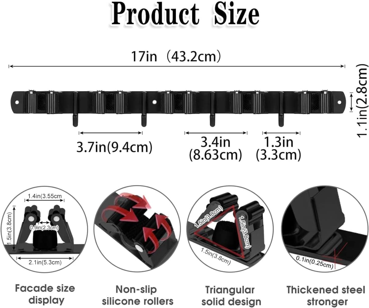 Black Broom Holder Wall Mount, 5 Racks 4 Hooks Mop and Broom Organizer thumbnail 3