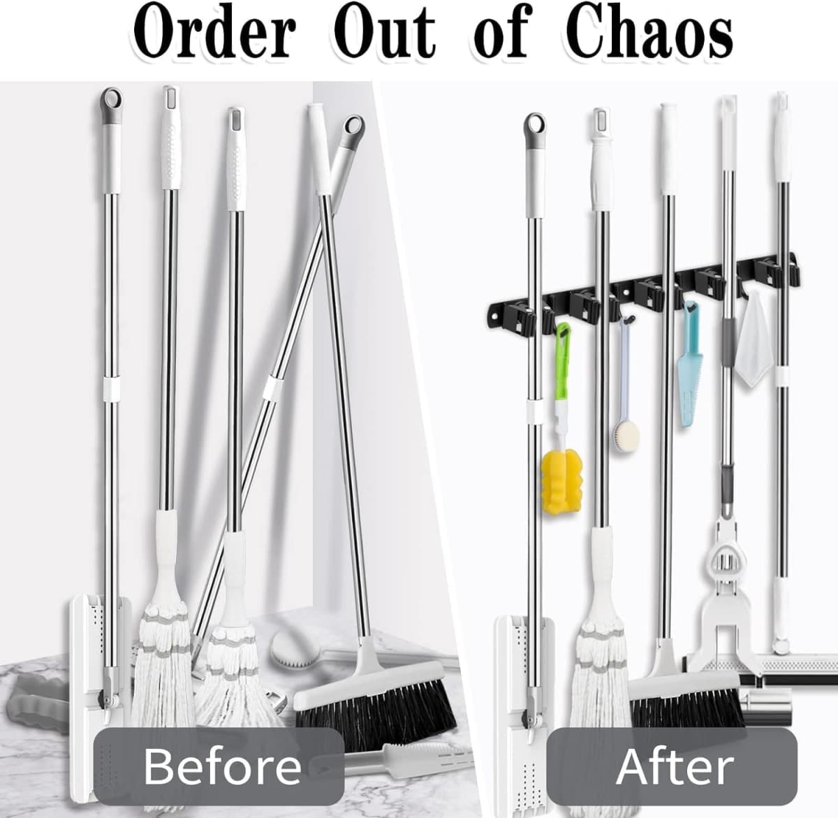 Black Broom Holder Wall Mount, 5 Racks 4 Hooks Mop and Broom Organizer thumbnail 5