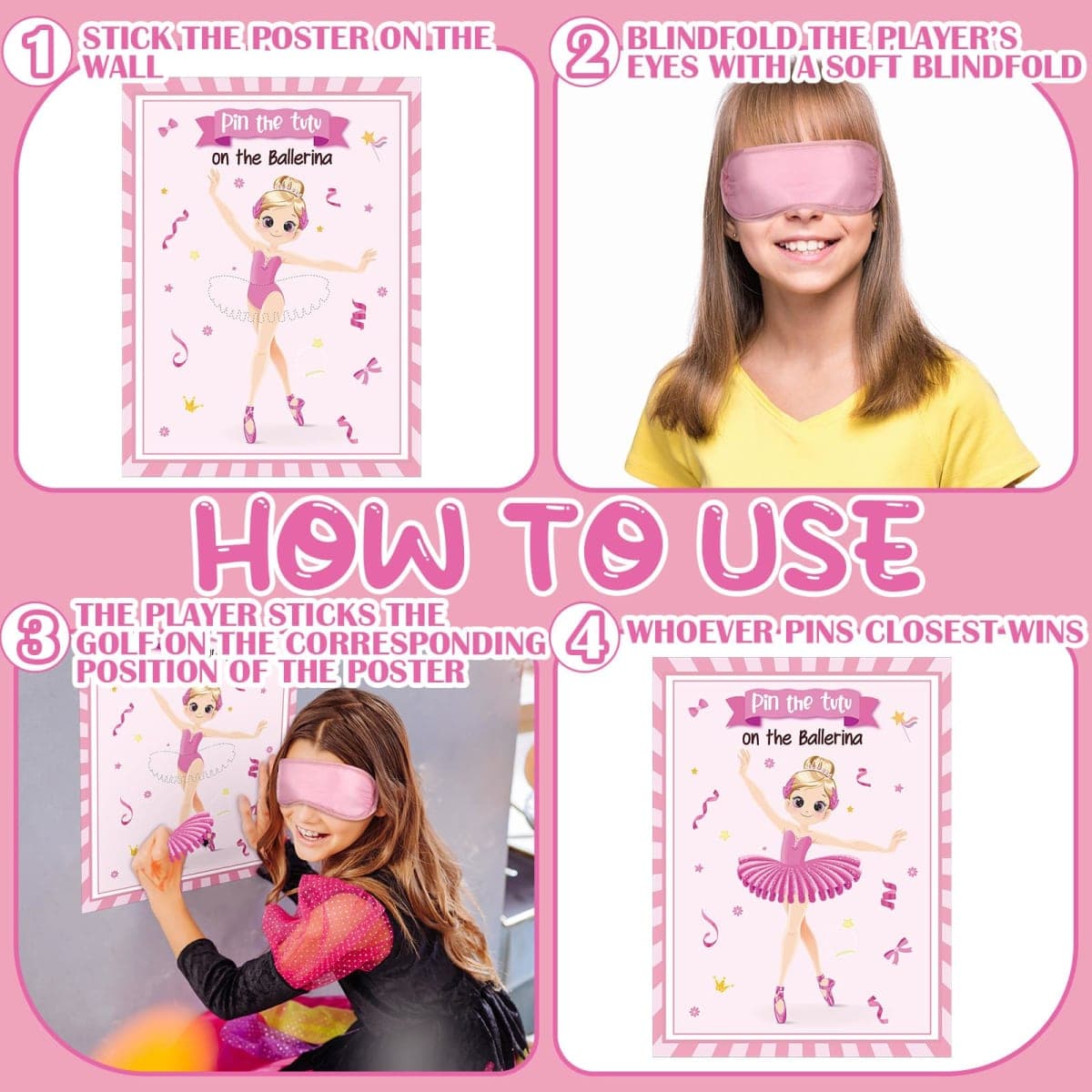 Mooliwe 18 Pcs Ballerina Party Games Pin the Tutu on the Ballerina Game Poster Stickers with Blindfolds Birthday Party Supplies Decorations for Women thumbnail 4
