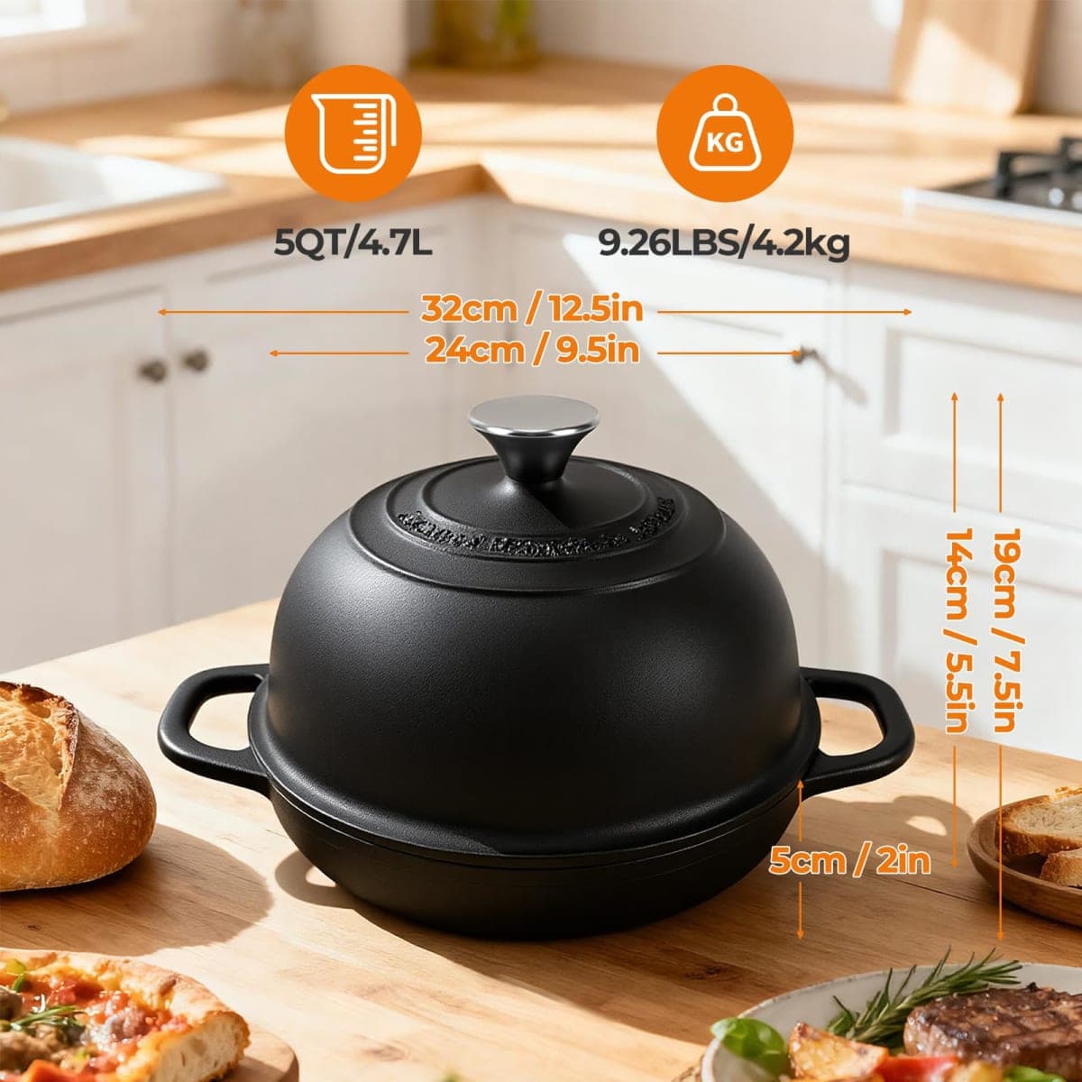 5QT Pre-Seasoned Cast Iron Dutch Oven For Bread Baking, Dutch Oven with Domed Lid, Sourdough Bread Baking Supplies, Multi-Functional Bread Pan For Baking, Frying, Roasting thumbnail 2
