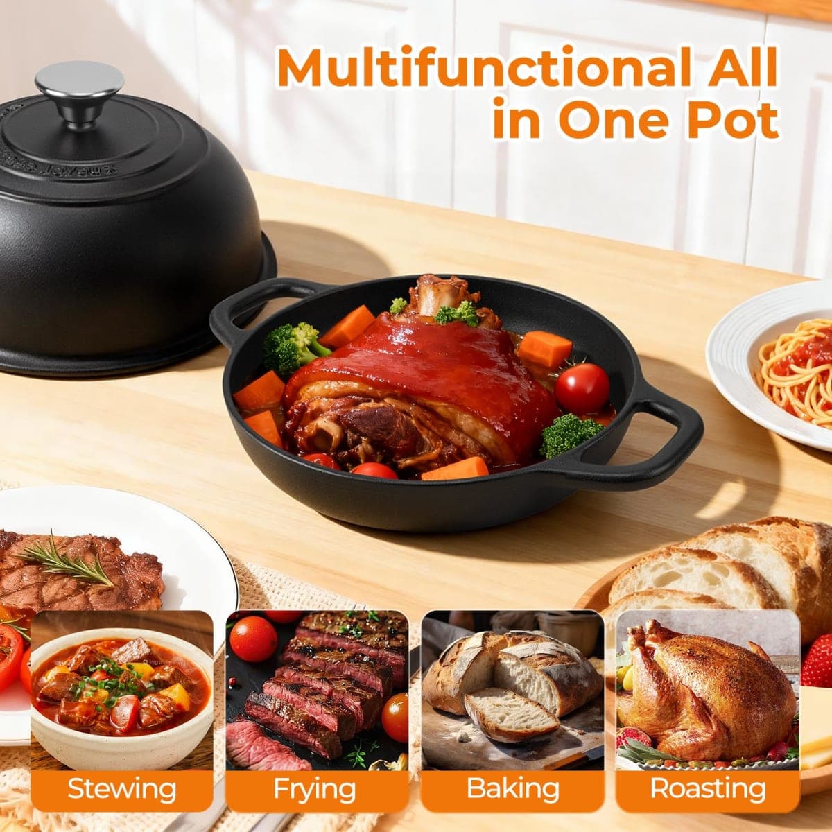 5QT Pre-Seasoned Cast Iron Dutch Oven For Bread Baking, Dutch Oven with Domed Lid, Sourdough Bread Baking Supplies, Multi-Functional Bread Pan For Baking, Frying, Roasting thumbnail 4