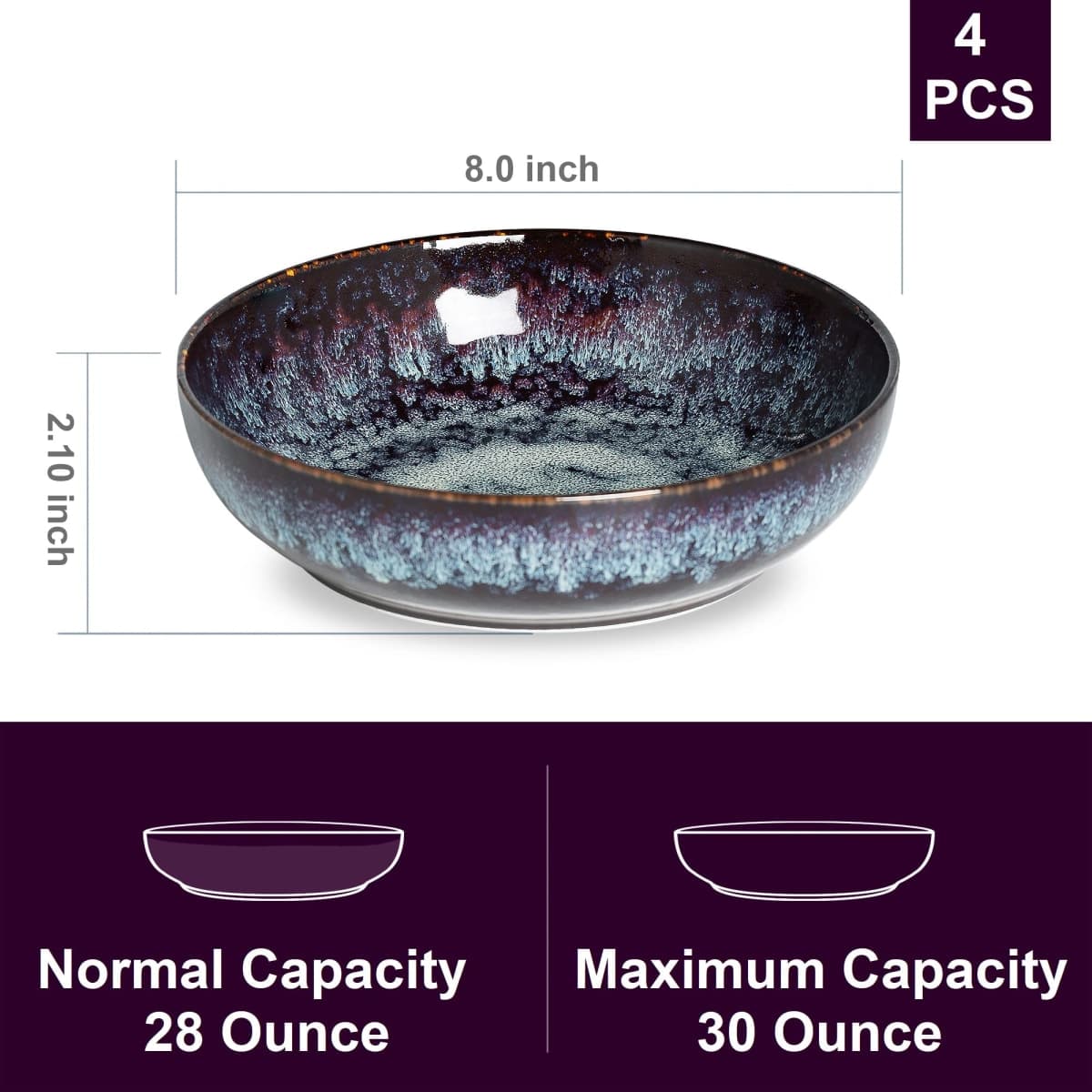 KYBSCZ 30oz Ceramic bowls set of 4-8" serving bowls for Kitchen,Pasta,Salad-Dishwasher & Microwave Safe Perfect for Housewarming, Thanksgiving, Christmas-Speckled Bluish Purple thumbnail 2