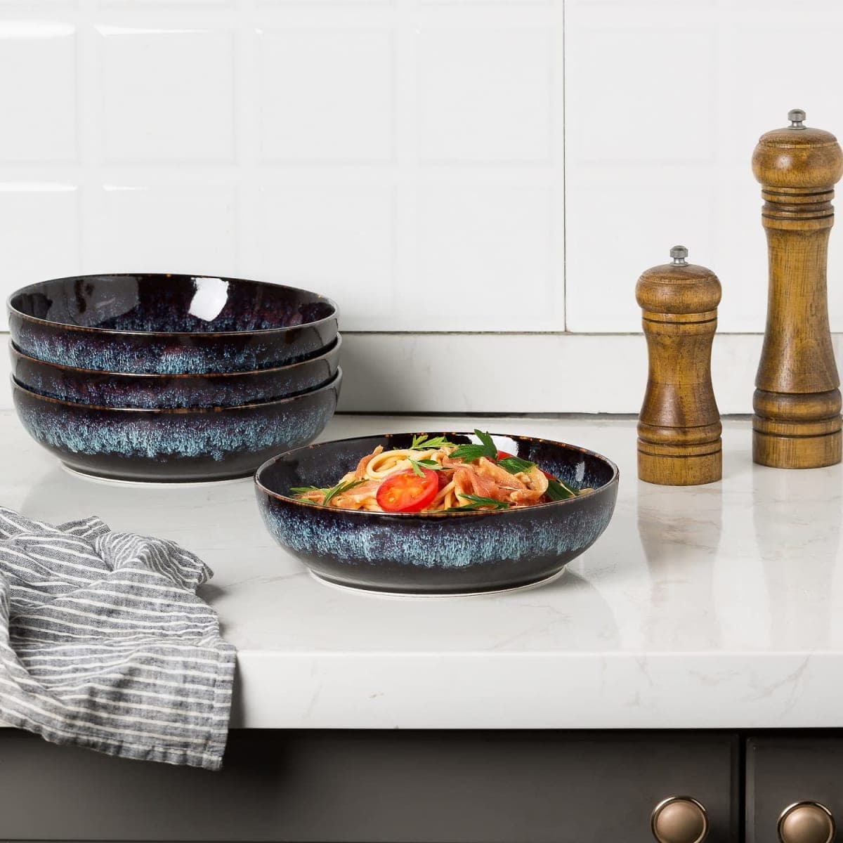 KYBSCZ 30oz Ceramic bowls set of 4-8" serving bowls for Kitchen,Pasta,Salad-Dishwasher & Microwave Safe Perfect for Housewarming, Thanksgiving, Christmas-Speckled Bluish Purple thumbnail 4