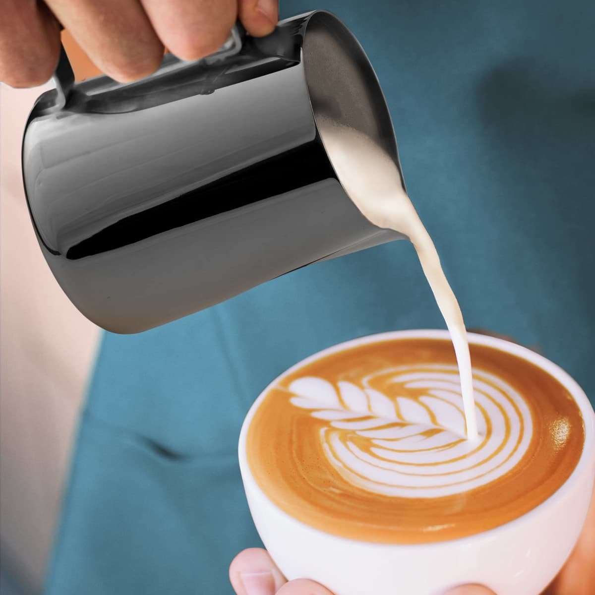 Zulay Premium Gift Milk Frother Set – Handheld Coffee Frother with Stand, 12oz/350ml Frothing Pitcher + 4 Latte Art Stencils – 13,000 RPM Motor, SS Whisk, Battery Operated – Barista Kit (Exec Black) thumbnail 3