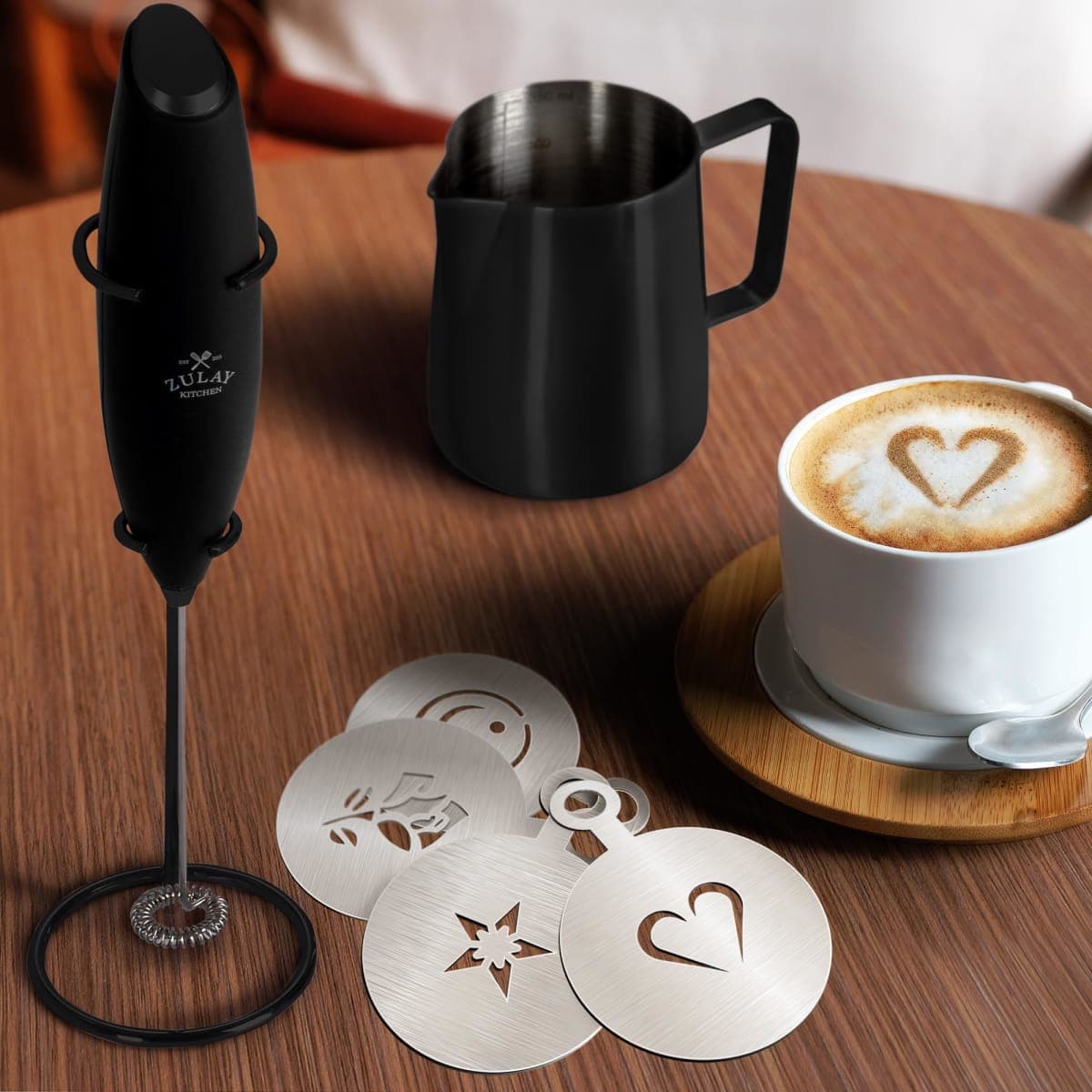 Zulay Premium Gift Milk Frother Set – Handheld Coffee Frother with Stand, 12oz/350ml Frothing Pitcher + 4 Latte Art Stencils – 13,000 RPM Motor, SS Whisk, Battery Operated – Barista Kit (Exec Black) thumbnail 4