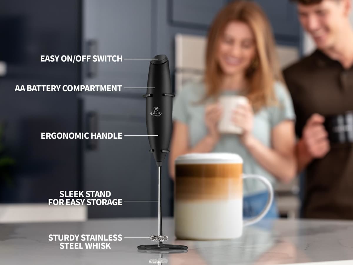 Zulay Premium Gift Milk Frother Set – Handheld Coffee Frother with Stand, 12oz/350ml Frothing Pitcher + 4 Latte Art Stencils – 13,000 RPM Motor, SS Whisk, Battery Operated – Barista Kit (Exec Black) thumbnail 5