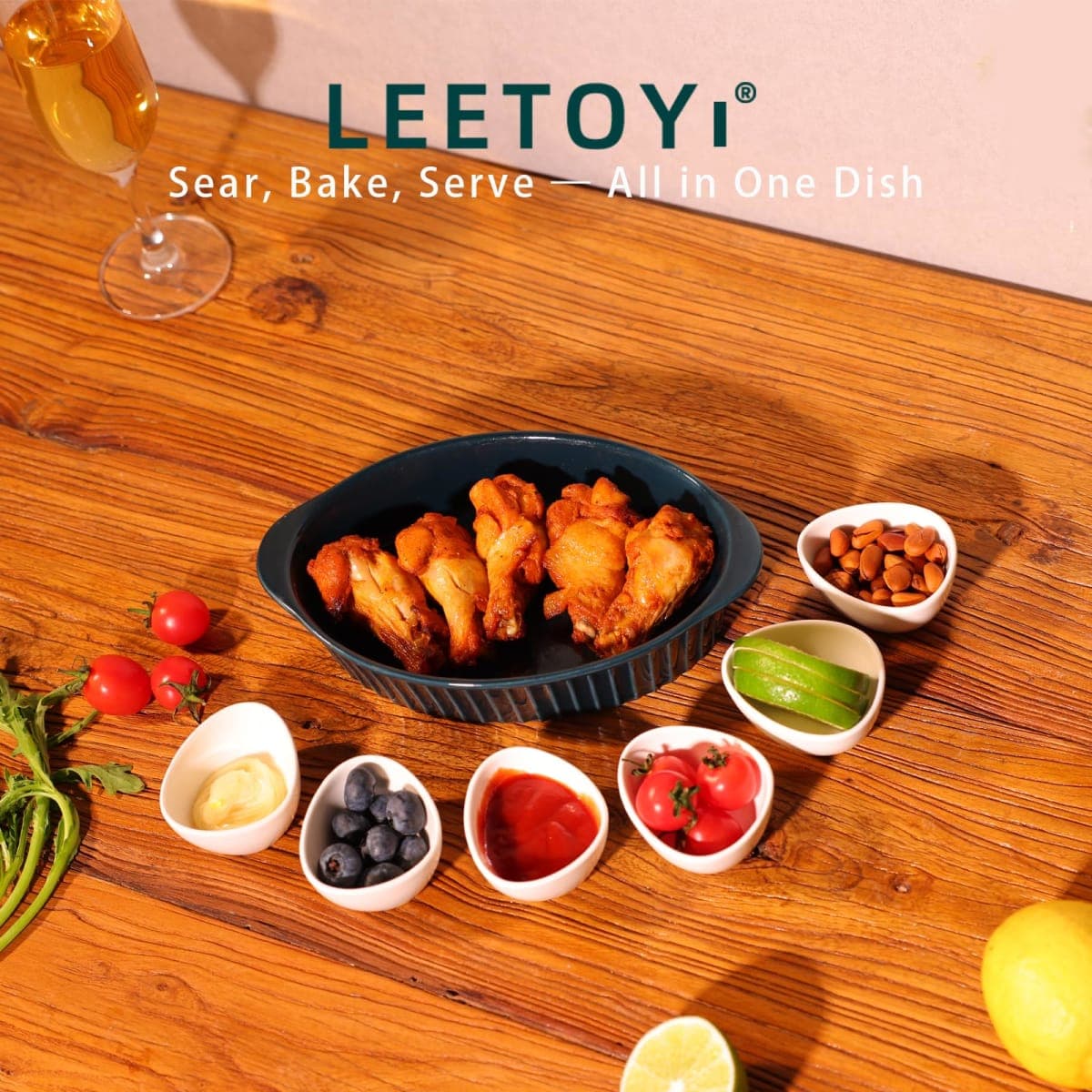 LEETOYI Porcelain Oval Au Gratin Pans, Baking Dish Set, Bakeware with Double Handle for Kitchen and Home, 8.7-Inch Set of 2 (Navy) thumbnail 2