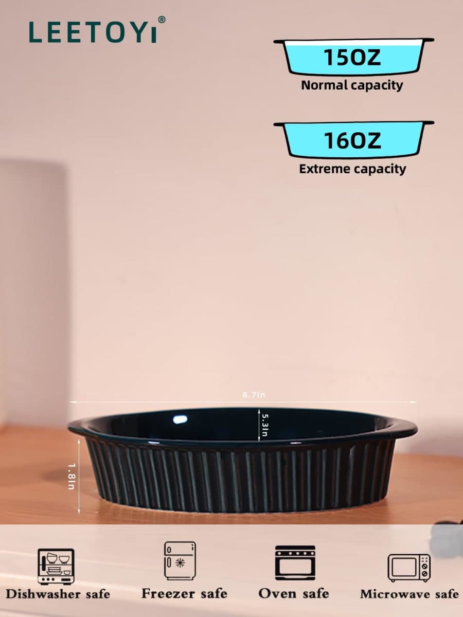 LEETOYI Porcelain Oval Au Gratin Pans, Baking Dish Set, Bakeware with Double Handle for Kitchen and Home, 8.7-Inch Set of 2 (Navy) thumbnail 5