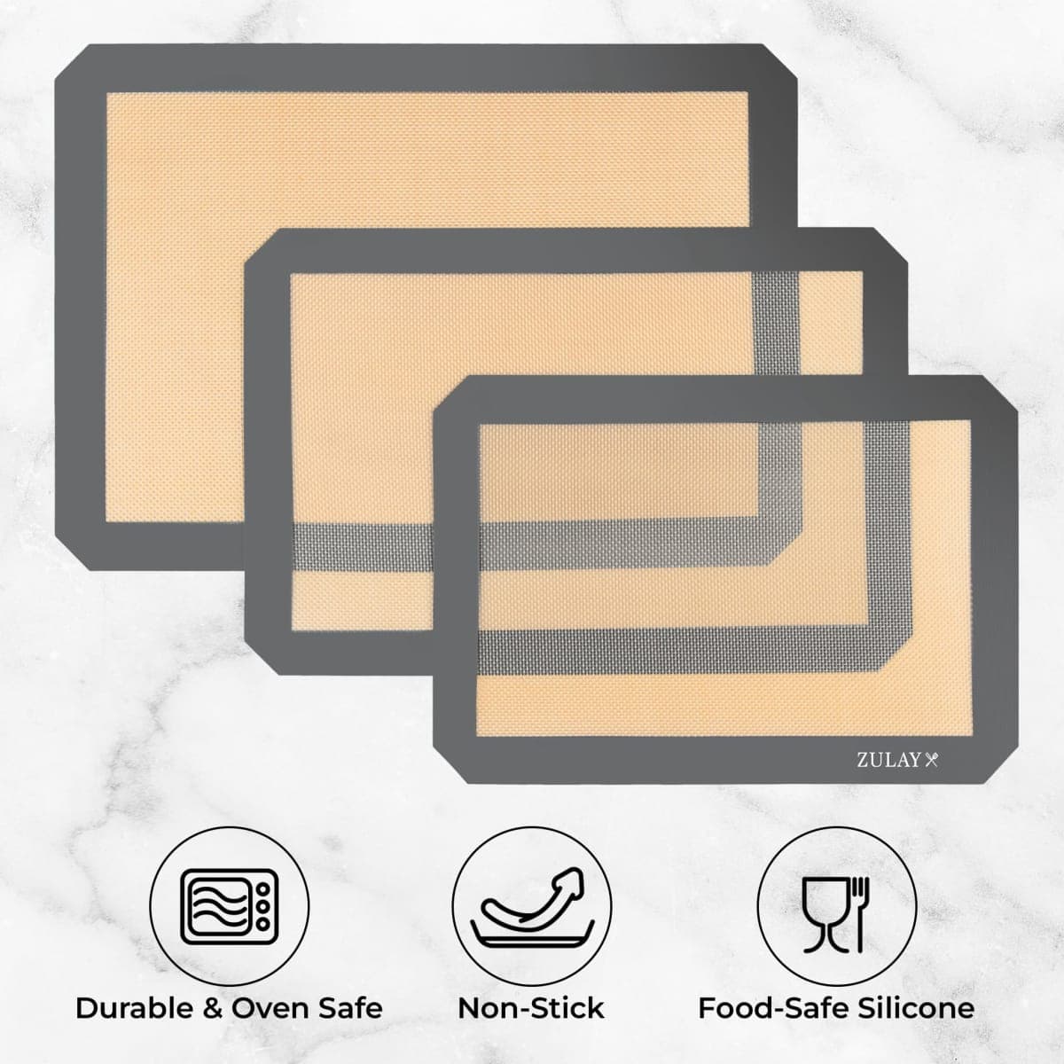 Zulay Kitchen 16.5"x11.6" 3-Pack Silicone Baking Mat Sheet - Reusable Silicone Baking Sheet - Easy & Convenient Nonstick Baking Supplies - Silicone Mats for Baking - Baking Mat For Oven - (Dark Gray) thumbnail 2