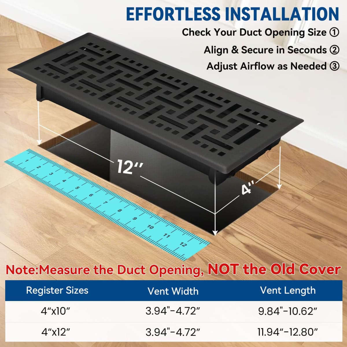Ventyun Electroplated Floor Register,4" x 12" 2 Pack,Walkable Metal Vent Covers for Wall/Floor with Adjustable Airflow Curved Safe Edges,Matte Black thumbnail 2