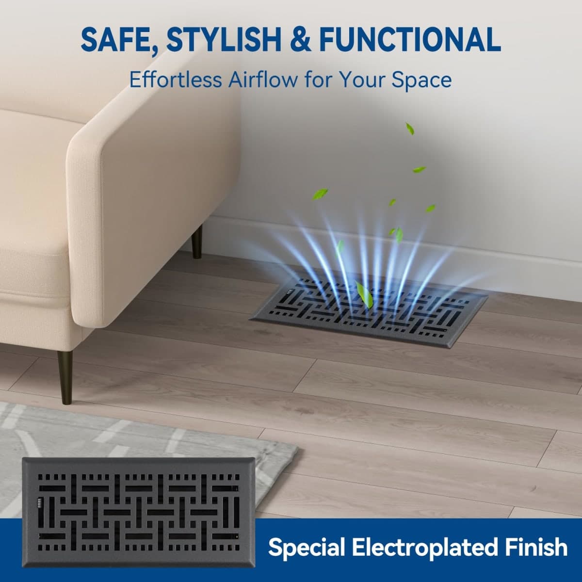 Ventyun Electroplated Floor Register,4" x 12" 2 Pack,Walkable Metal Vent Covers for Wall/Floor with Adjustable Airflow Curved Safe Edges,Matte Black thumbnail 3